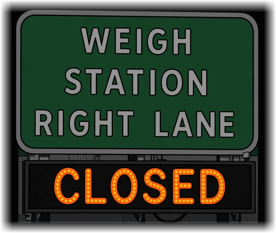 Letrero de carretera: Weigh Station Right Lane, con un panel LED que dice CLOSED
